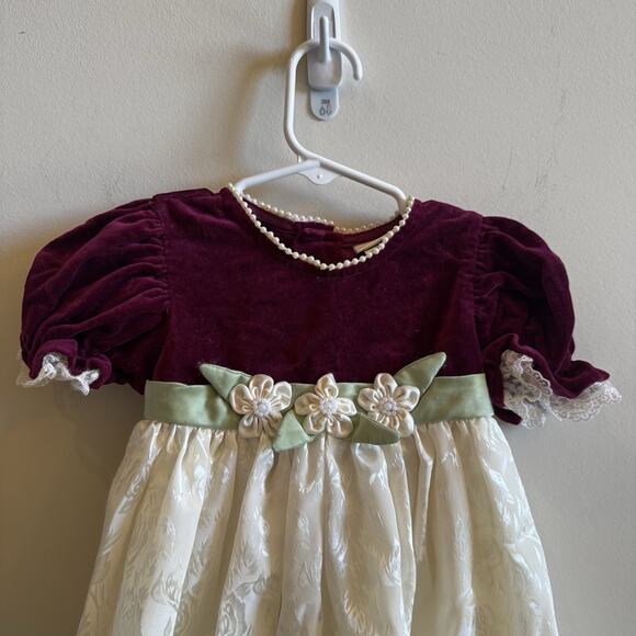 Vintage b.t. kids Baby Girls 24M Maroon Velvet Holiday Dress Ivory Damask Lace - Picture 4 of 16